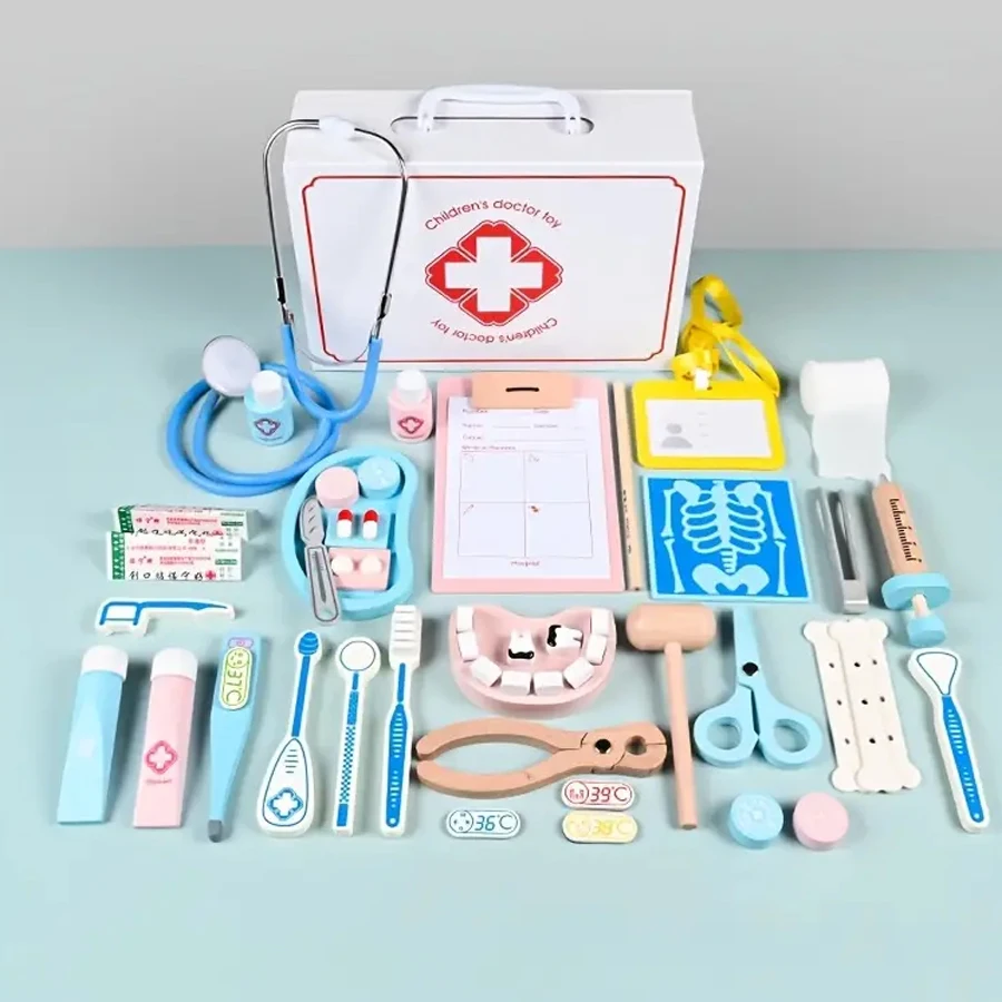

Children's wooden makeshift home simulation medicine box doctor set nurse boy girl baby role-playing toy