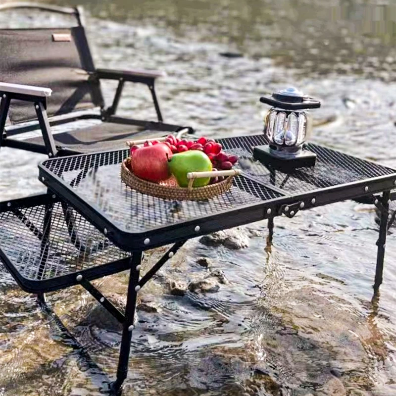 Outdoor folding table, portable picnic table, camping table, lightweight aluminum alloy, picnic iron mesh table storage rack