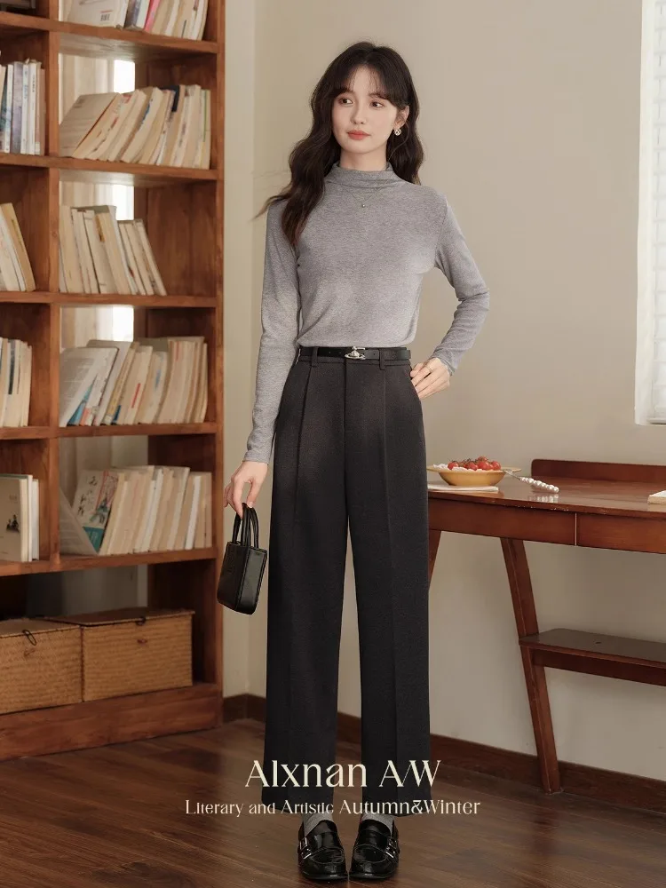 ALXNAN Plus Size Women's Black Pants Autumn Fashion Straight Casual Wide-leg Pants Office Lady Elegant Baggy Trousers D08528-1