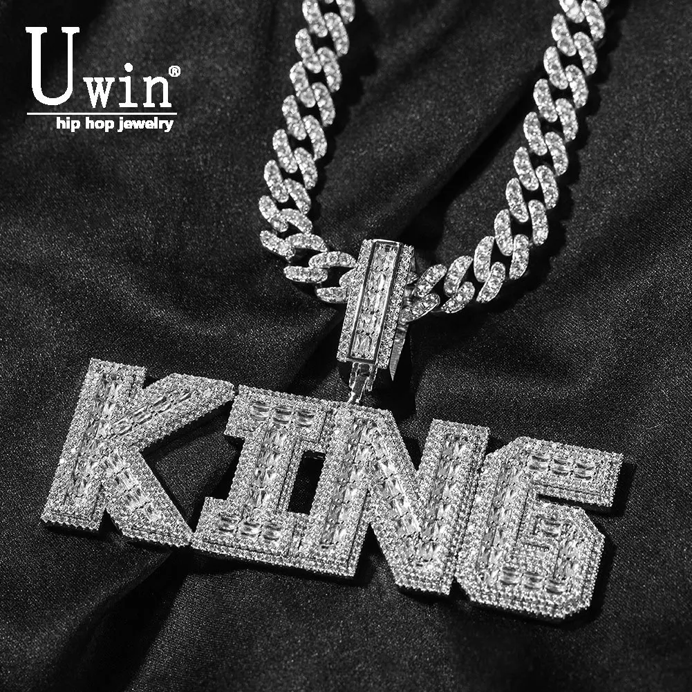 Uwin Custom Baguette Name Pendant With 9mm Cuban Link Chain New Personalized Letters Necklace For Men Women HipHop Jewelry Gifts