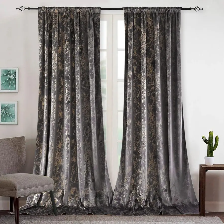 

Velvet Curtains Gold Foil Print 80 Blackout Window Curtains Back Tab Rod Pocket Pleat Hooks Thermal Insulated Living Room Bedroo
