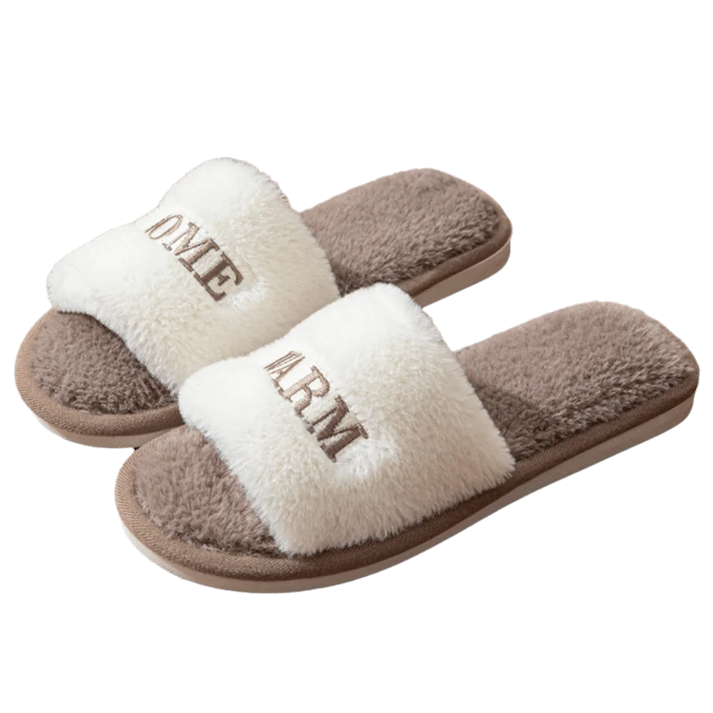 

Elegant Soft Casual Fluffy Slippers Anti Slip Letter Women Home Flats Warm Thick Sole Home Cotton Shoes Outside
