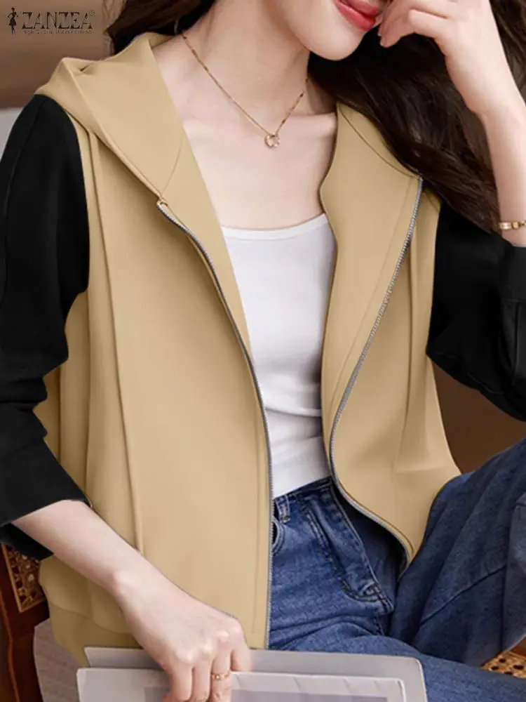 

Autumn Hooded Jackets Coats ZANZEA 2025 Stylish Women Long Sleeve Zipper Hoodies Coats Casual Loose Patchwork Jackets Outwears