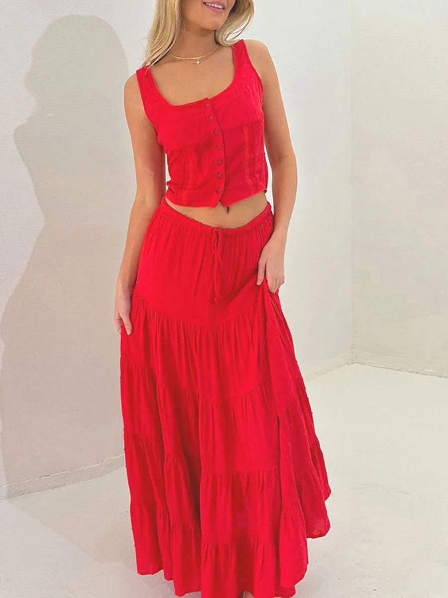 Women 2 Piece Y2K Long Skirt Set Spaghetti Strap Cropped Cami Button Top Ruffle Tiered Maxi Skirt Dress Outfits