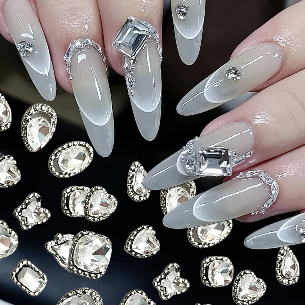 10/12Pcs Mixed Luxury Silver Frame Clear Diamond Nail Art Rhinestone Oval/Fat Square/Love Heart/Butterfly Crystal NailGem 10mm
