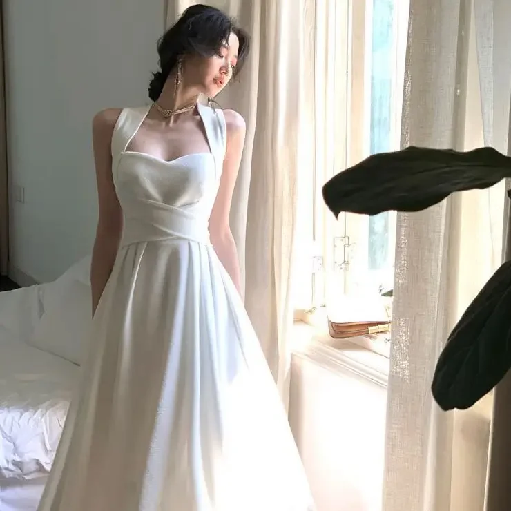 Elegant White Cross Strapless Dress Women's Summer Slimming Empire Waist Long Gown Gentle Neck Hanging Polyester Fiber