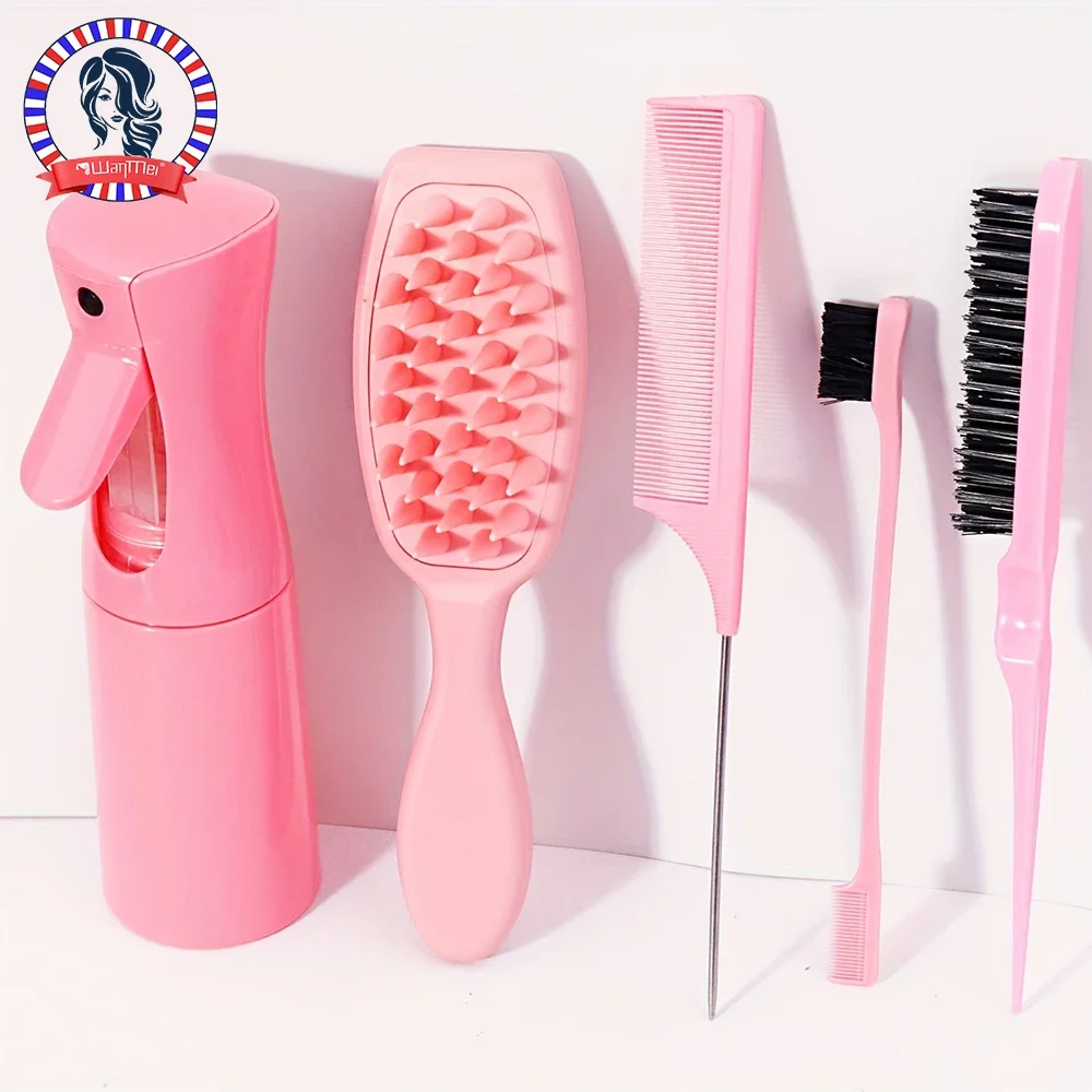 Professionelles Haarpflegeset, 5-teiliges rosa Haarpflege-Werkzeugset, inklusive Peeling-Massagebürste, Haarspray-Flasche, flauschiger Kamm