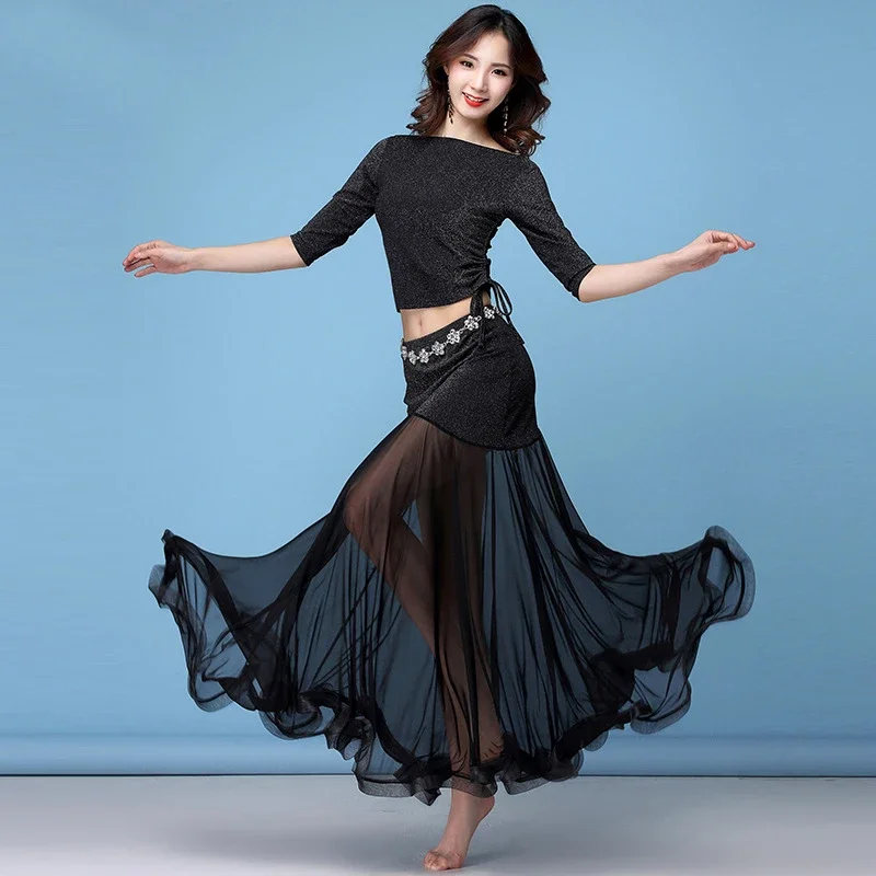 

Sexy Women Belly Dance Set Mesh Stretchy Shinny Fabric Practice Clothes Long Skirt 2Color