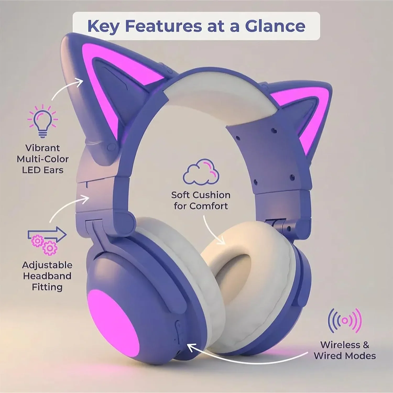 

Wireless Bluetooth 5.0 Gaming Headset Cute Cat Ear Design with 3.5mm Cable RGB Light Foldable Over-Ear Headphones for Kids Girls