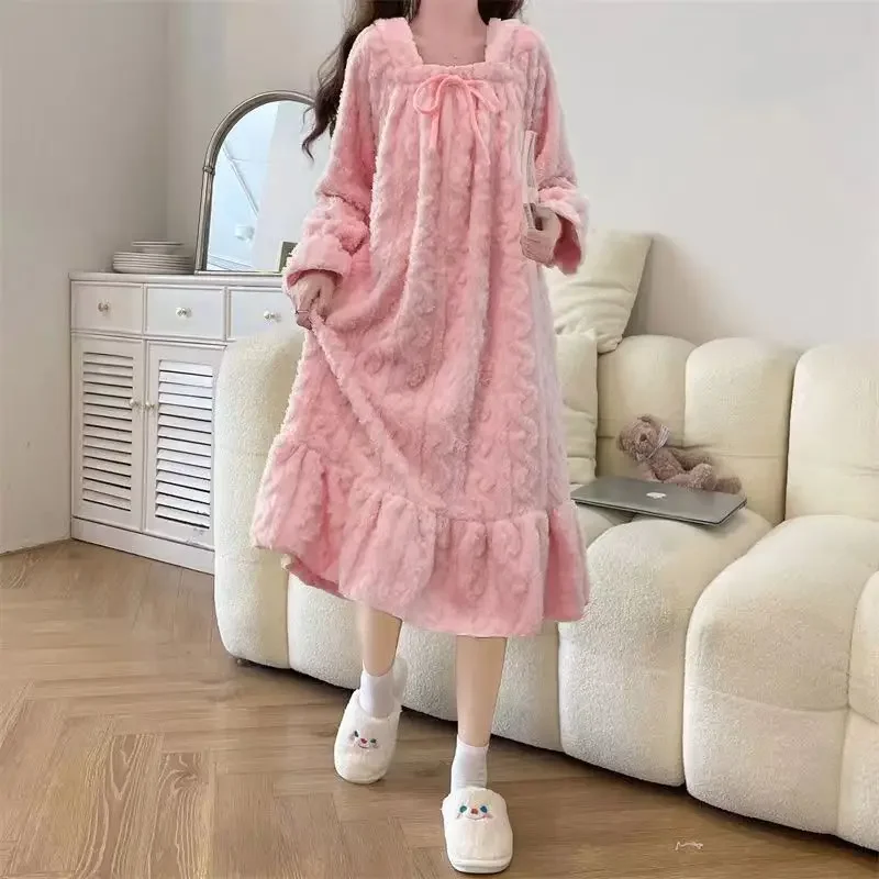 Fleece Women Nightgown Korean Winter Sleepwear Lace Night Dress Knee Length One Piece Pajamas Square Collar Warm Solid Home Wear