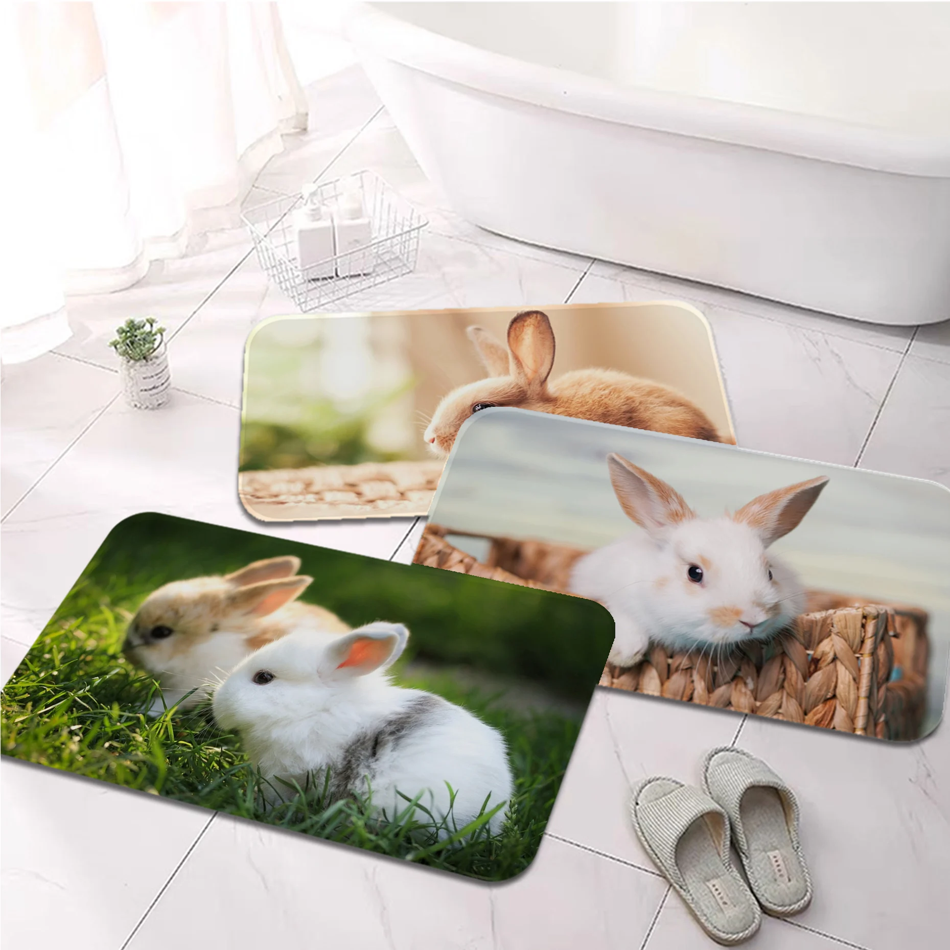 Cute little white rabbit  Printed Flannel Floor Mat Bathroom Decor Carpet Non-Slip For Living Room Kitchen welcome Doormat