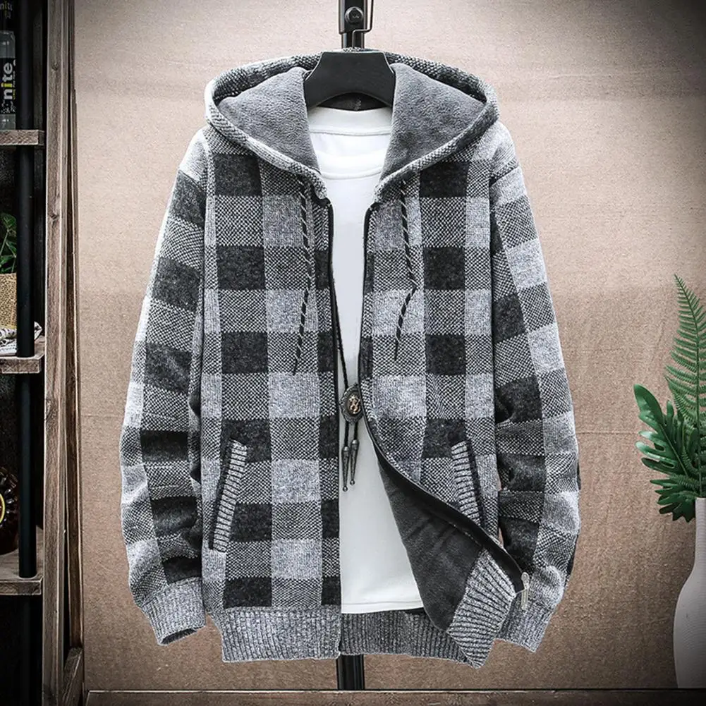 Men's Plaid Hooded Winter Sweater Cardigan Thick Plush Plaid Print Zip-up Jacket Winter Knitwear Fleece Checkered Knit Jumper