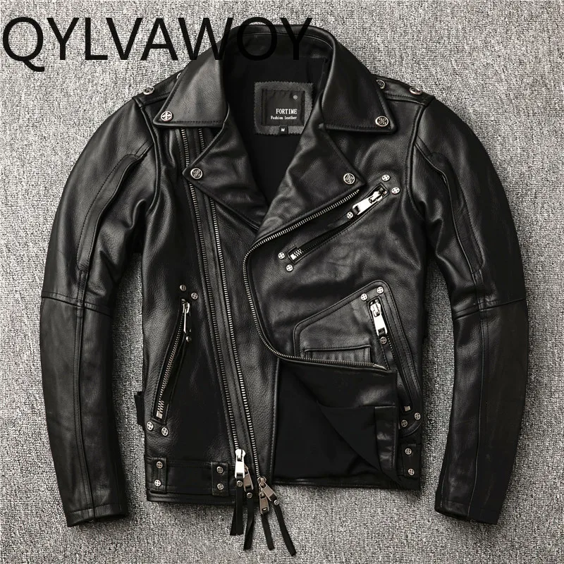 QYLVAWOY Top Layer Cowhide Real Leather Coat Man Heavyweight High Quality Genuine Leather Jacket Men Slim-fit Motorcycle Coats
