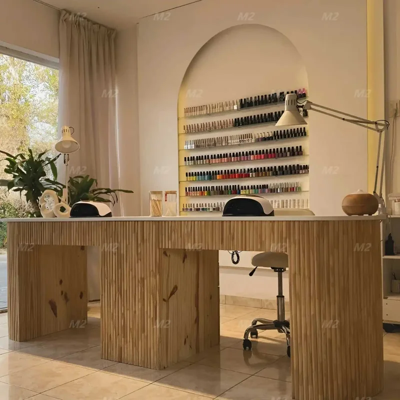 custom.M2  Modern Nail Shop Beauty Salon  Double Wood Manicure Table with Dust Collector, Socket, More Storage Nail Table - view 6