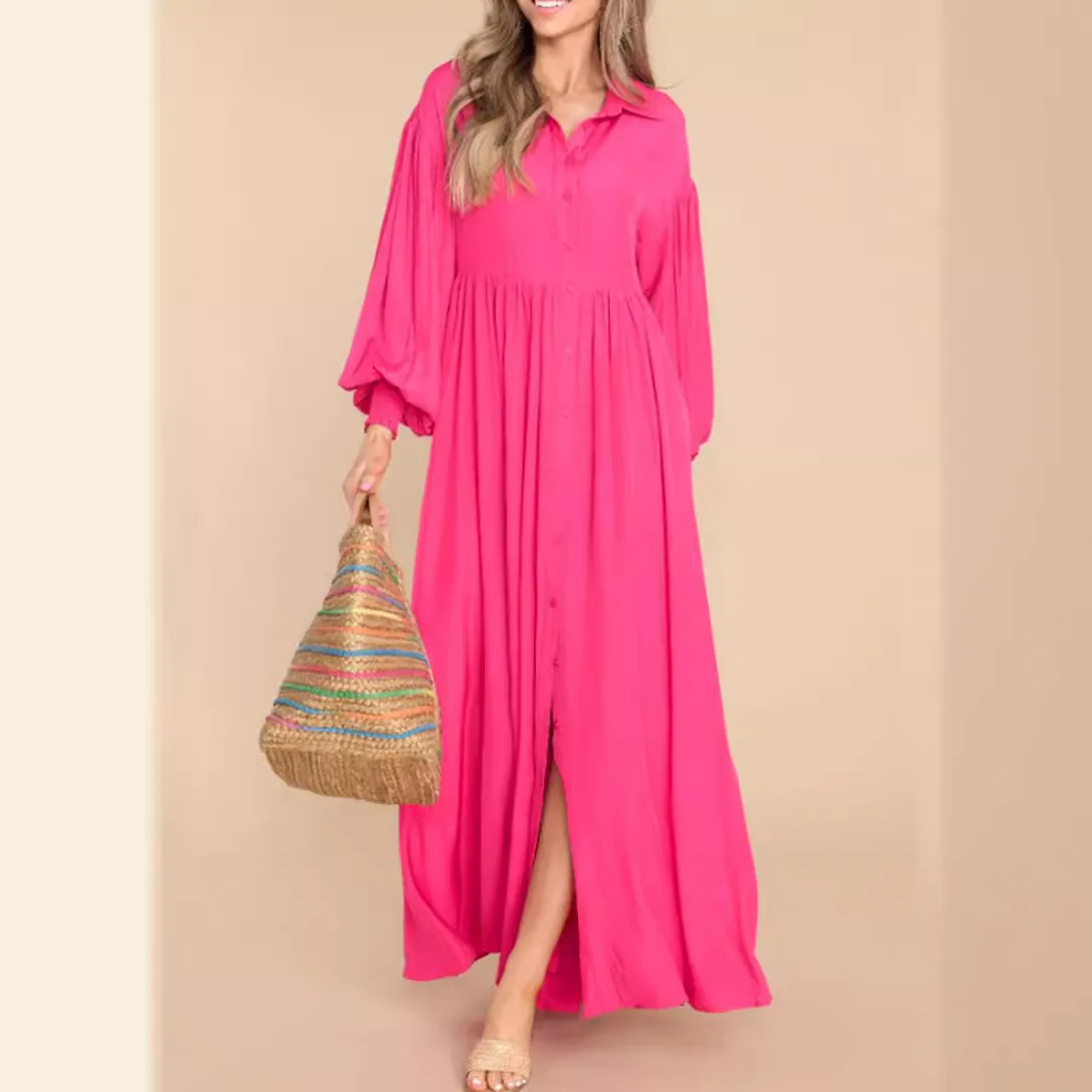 Spring Fall Cotton Maxi Shirt Dress Women A-line Big Swing Long Sleeves Single-breasted Loose Patchwork Long Dresses For Women\'s