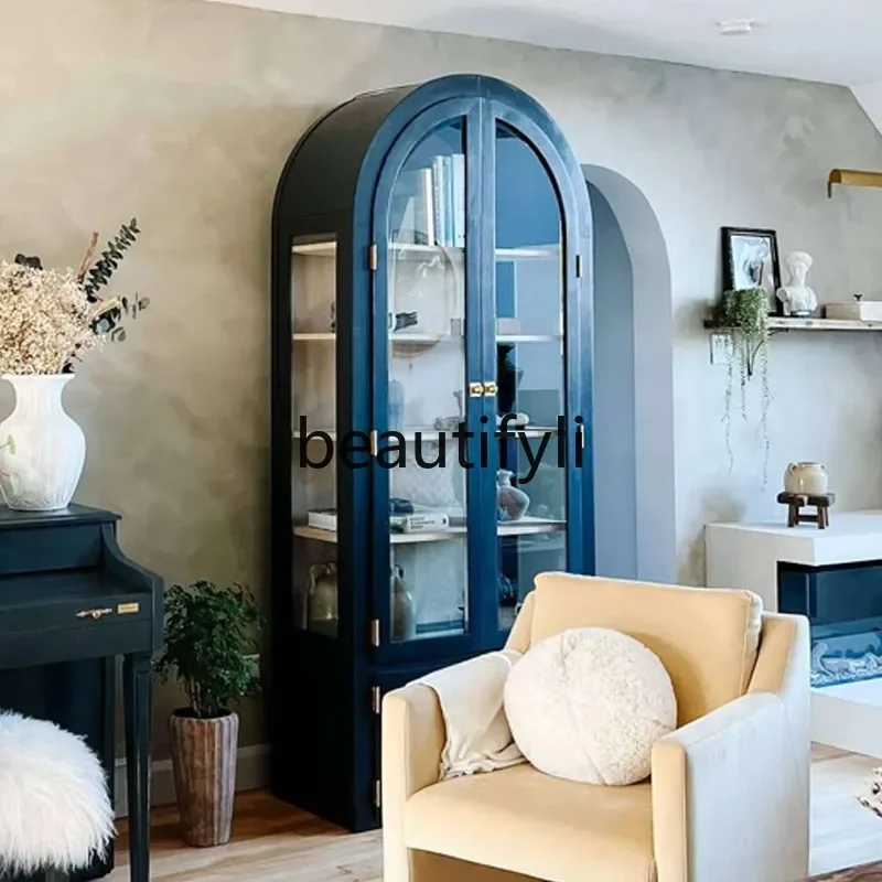 

07 French Retro Solid Wood Bookshelf Living Room Glass Wine Cabinet Display Light Luxury Storage Cabinet