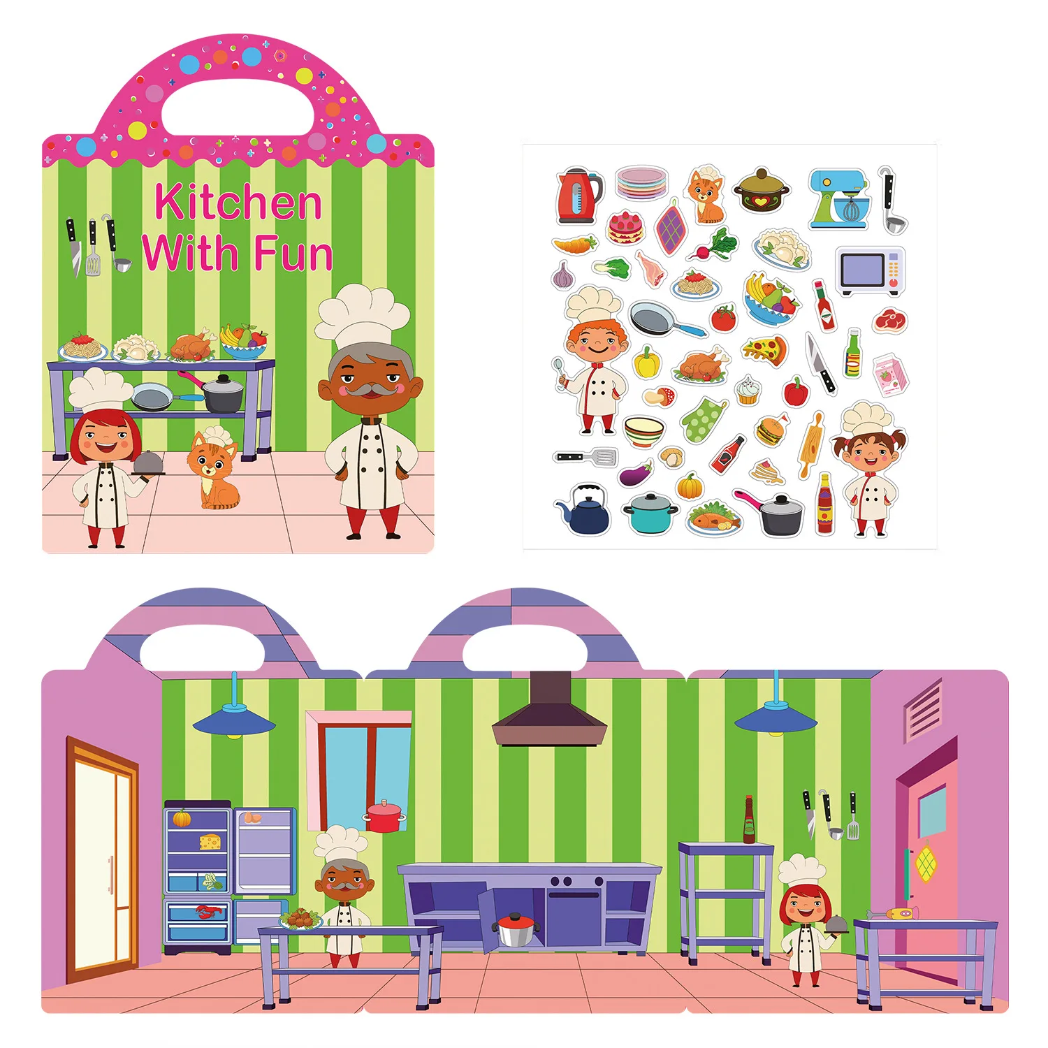 

Reusable Sticker Book for Toddlers Ages 2-5 - Kitchen Theme Early Learning Educational Hands-On Activity Toy with Carry Handle