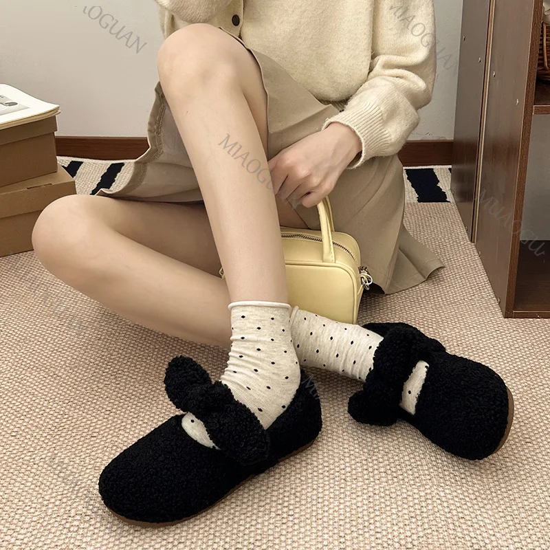 Elegant Round Toe Lambs Wool Mary Jane Shoes Woman Fashion Solid Fur Ballet Flats Ladies Winter Warm Plush Bow Casual Loafers