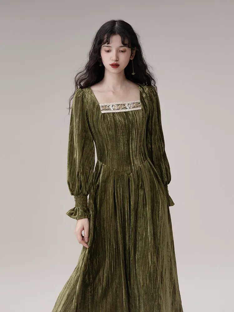 TIYIHAILEY Spring Autumn Women Velvet Dress Full Sleeve Long Mid-Calf Ladies S-L Vintage High Waist 2026 Square Collar Green