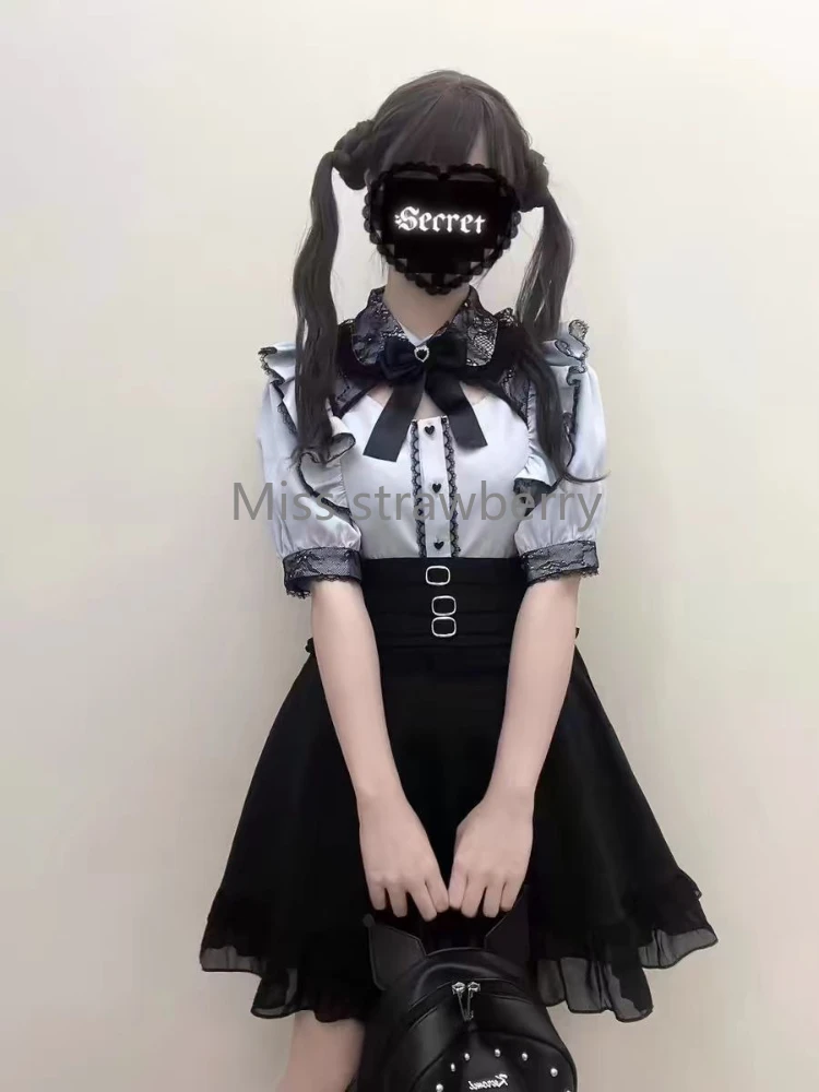

Vintage Gothic Lace Bow 2-piece Set Women Summer Darkly Off Shoulder Short Sleeve Tops Female + High-waist Sweet Short Skirt New