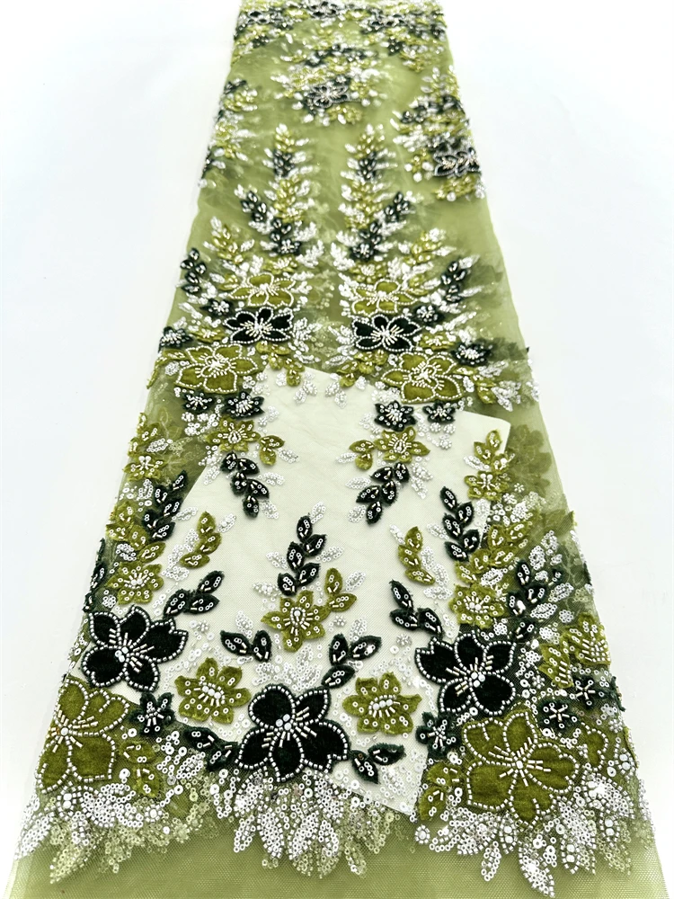 Luxurious African Net Mesh Lace Fabric 2025 Beads Embroidery Sequins French Tulle Lace for Nigerian Wedding Party Dress