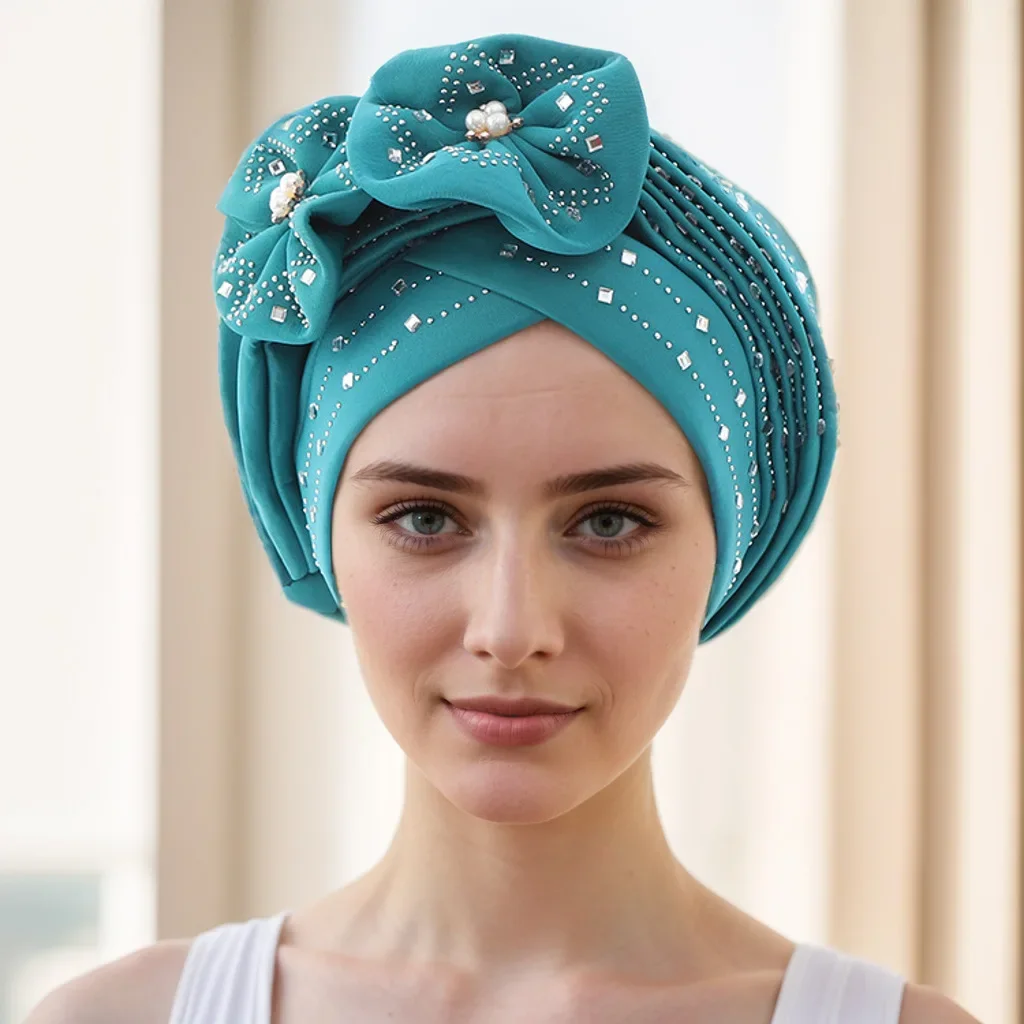 Diamonds African Caps Aso Oke Hijab Gele Headtie Already Made Turban Head Wrap Muslim Women Hat Auto Cap Headtie Aso Oke Gele