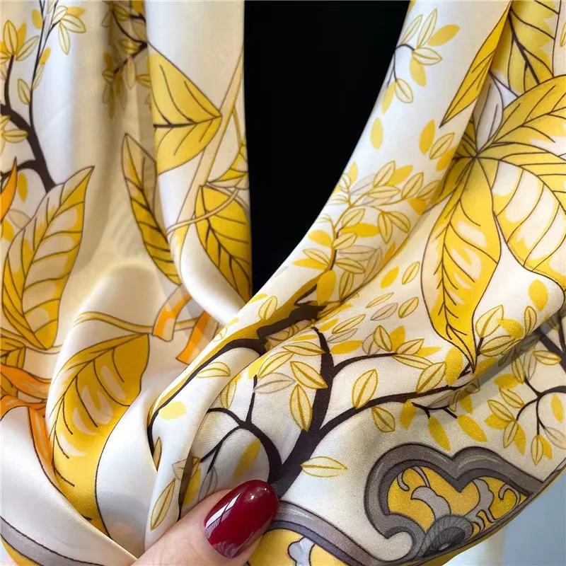 1pcs 70cm Fallen Leaf Autumn Yellow Silk Scarf for Women Simulated Silk Elegant Fresh and Versatile Headwear and Clothing