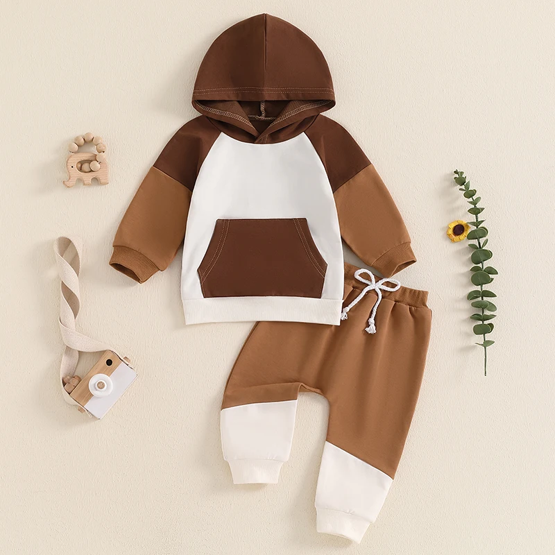 

Suefunskry Baby Boy Autumn 2PCS Outfits Long Sleeve Hooded Contrast Color PulloverTops Drawstring Pants Sets