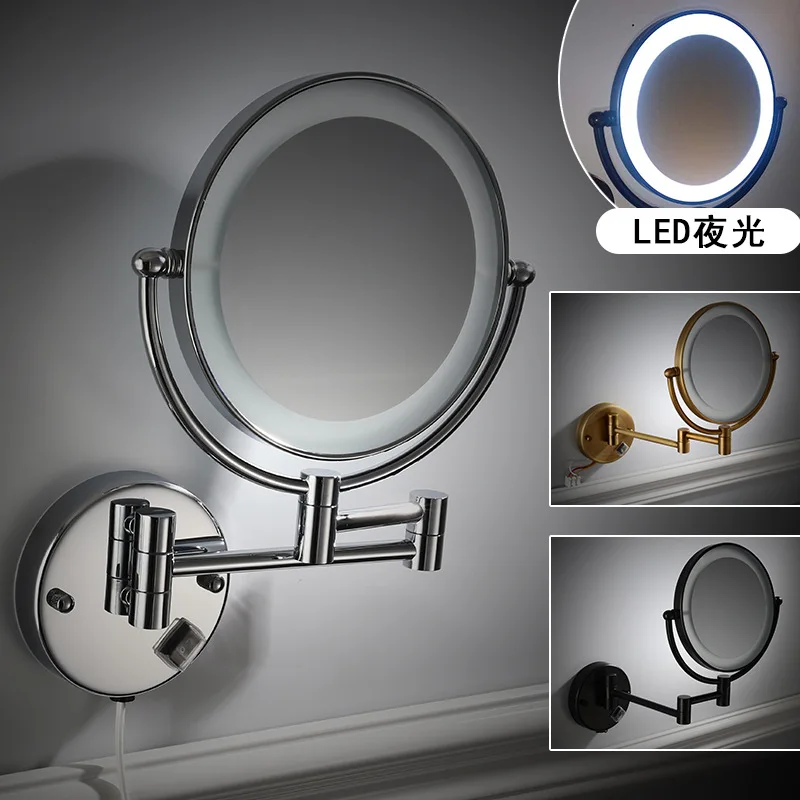 Folding Hotel LED Makeup Mirror Silver Double Sided Enlarged Bathroom Retractable Black Beauty Mirror Wall Mounted Mirror