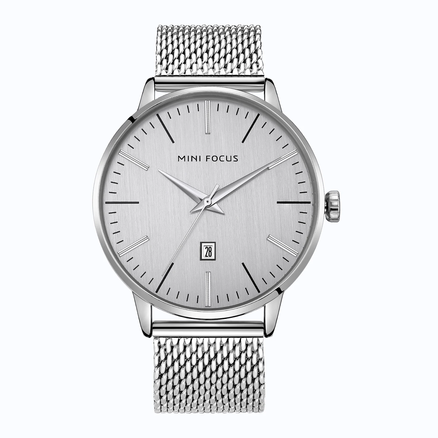 

Mini Focus MF0115G Men Luxury Fashion Watch Silver Mesh Stainless Steel Band Calendar Waterproof Quartz Watches