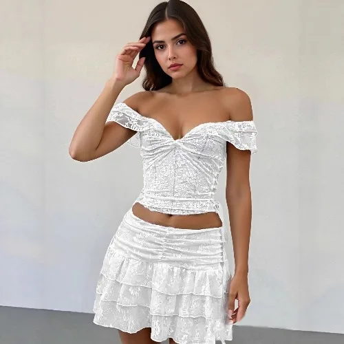 

GUWU New Short Skirt Two Piece Set Sexy Spicy Girl Short Top One Shoulder Lace Solid Color Hip Wrapping Skirt Set