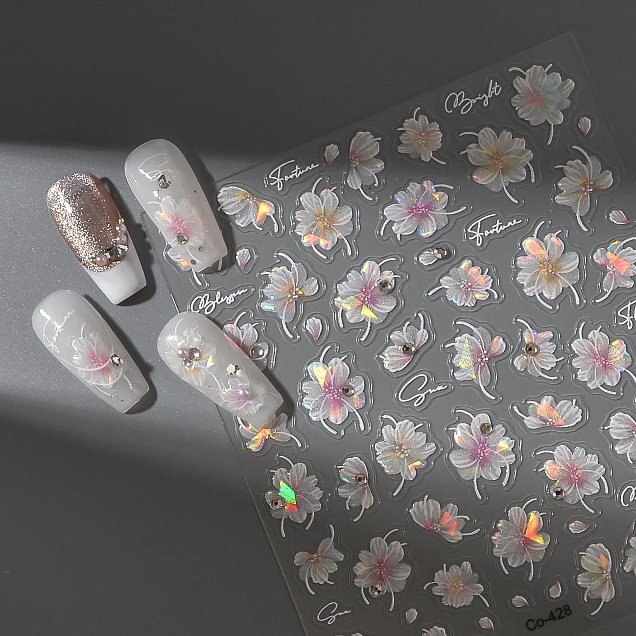 Holographic Sheer Flower Nail Stickers, Iridescent Pink Petal Rhinestone Self Adhesive Nail Decals, Elegant Transparent Floral Sliders for Wedding Daily DIY Manicure Nail Art Supplies