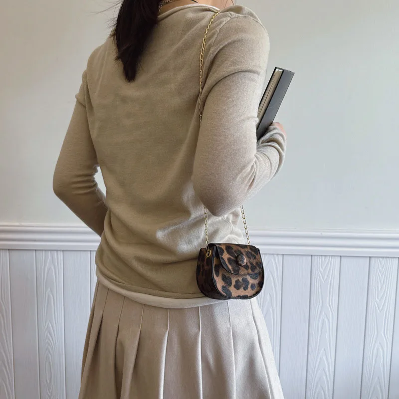 Ins Versatile Mini Women Shoulder Bag Retro PU Leather Chain Bags Leopard Printed Crossbody Style Perfect for Fall Winter Pouch