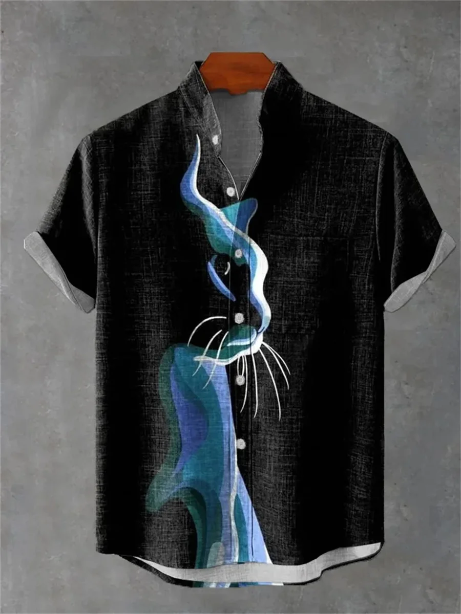 2025 New Casual Men's Shirt Cat Pattern Summer Oversized Short Sleeve Top Harajuku Street Linen Stand Collar Shirt