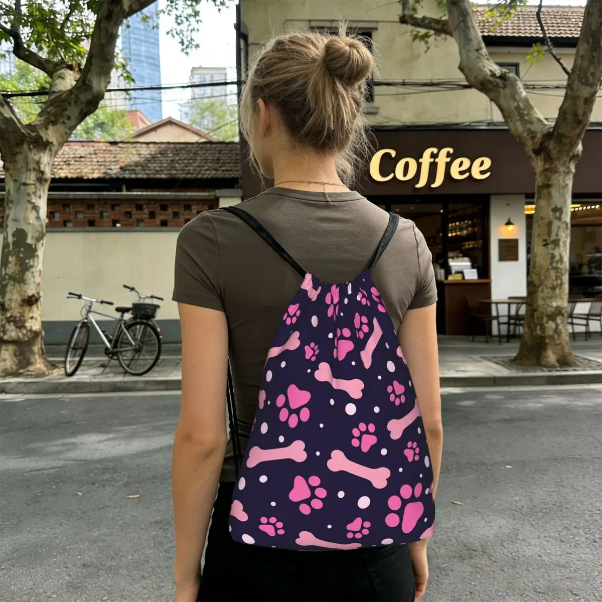 Paw And Bones On Pink Background Pattern Backpacks Portable Drawstring Bags Shoes Bag Book Bags for Travel School