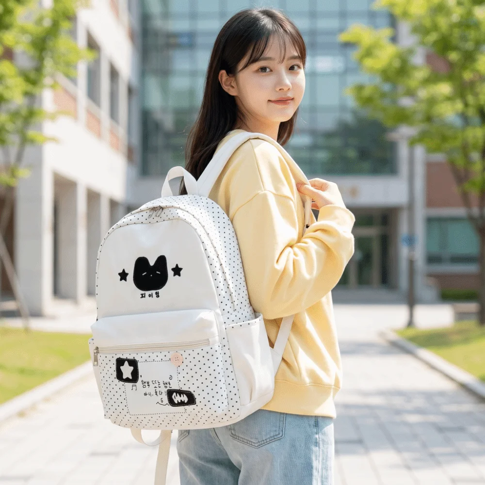 Nylon Polka Dot Patchwork Backpack Multi Pocket Lightweight Cat Print Daypack Large Capacity Polyester Lining School Bag Daily