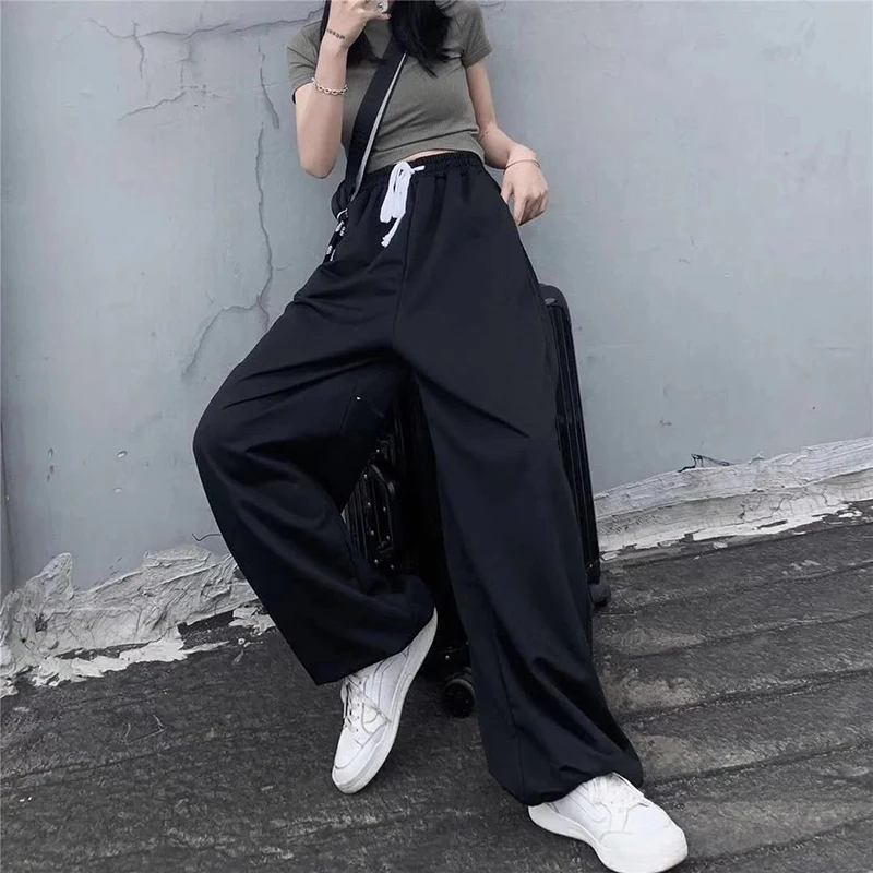 Y2K بنطال بساق واسعة للنساء ، ملابس الشارع الكورية ، فضفاضة تناسب كل شيء ، بي في دي هيب هوب ، بنطال رياضي ، موضة الصيف ، هاراجاكي غير رسمي ، بنطال أبيض