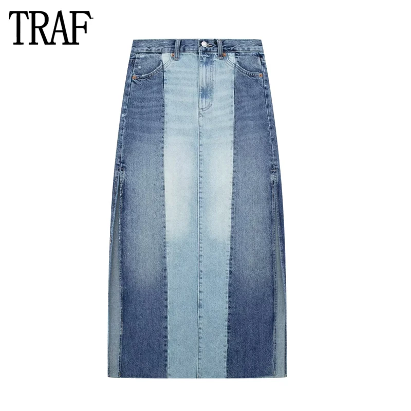 TRAF Blue Denim Long Skirt Women Patchwork Jean Maxi Skirts for Women Summer Mid Waist Woman Skirts Streetwear Slit Women Skirt