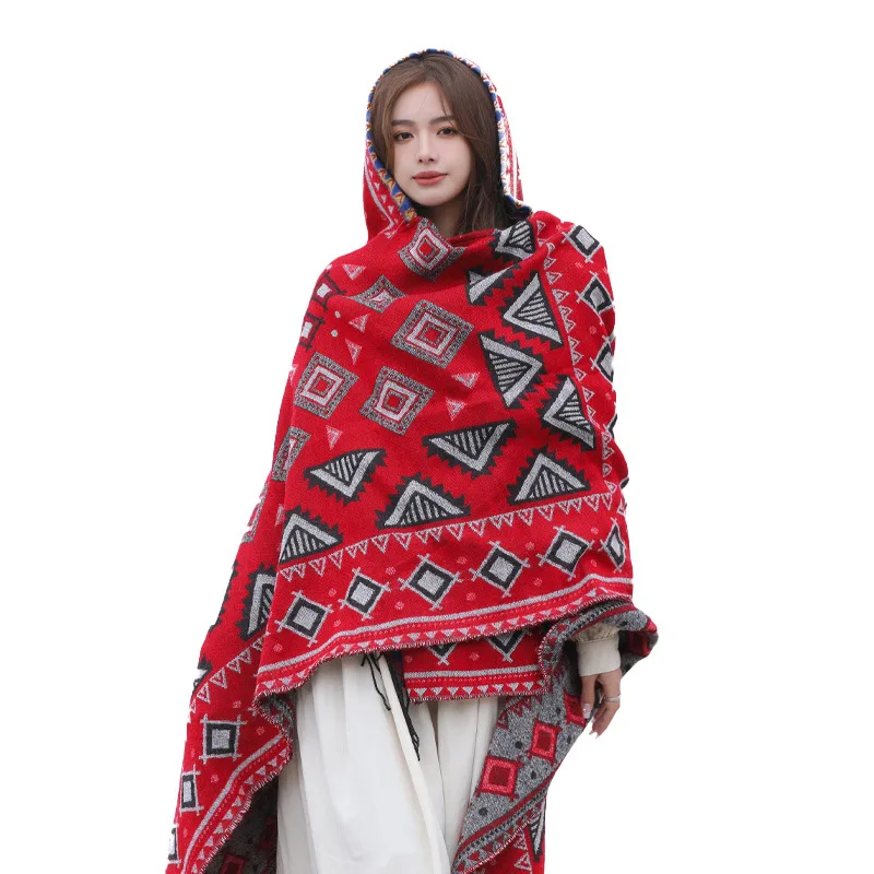 وشاح كيب بقلنسوة بوهيمي عرقي - لفافة سميكة ودافئة من الكشمير الصناعي، شال شتوي بقلنسوة للنساء