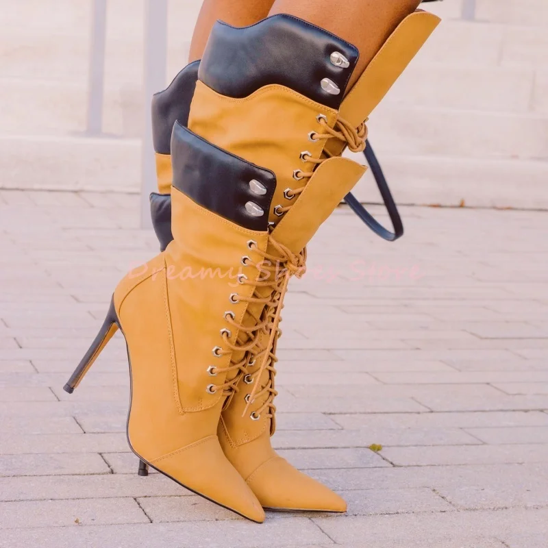 

Mixed Colors Suede Pointed Stiletto Knee High Boots Women Lace Up Turned-Over Edge Boots Fashion Cross-Tied Party Ladies Shoes