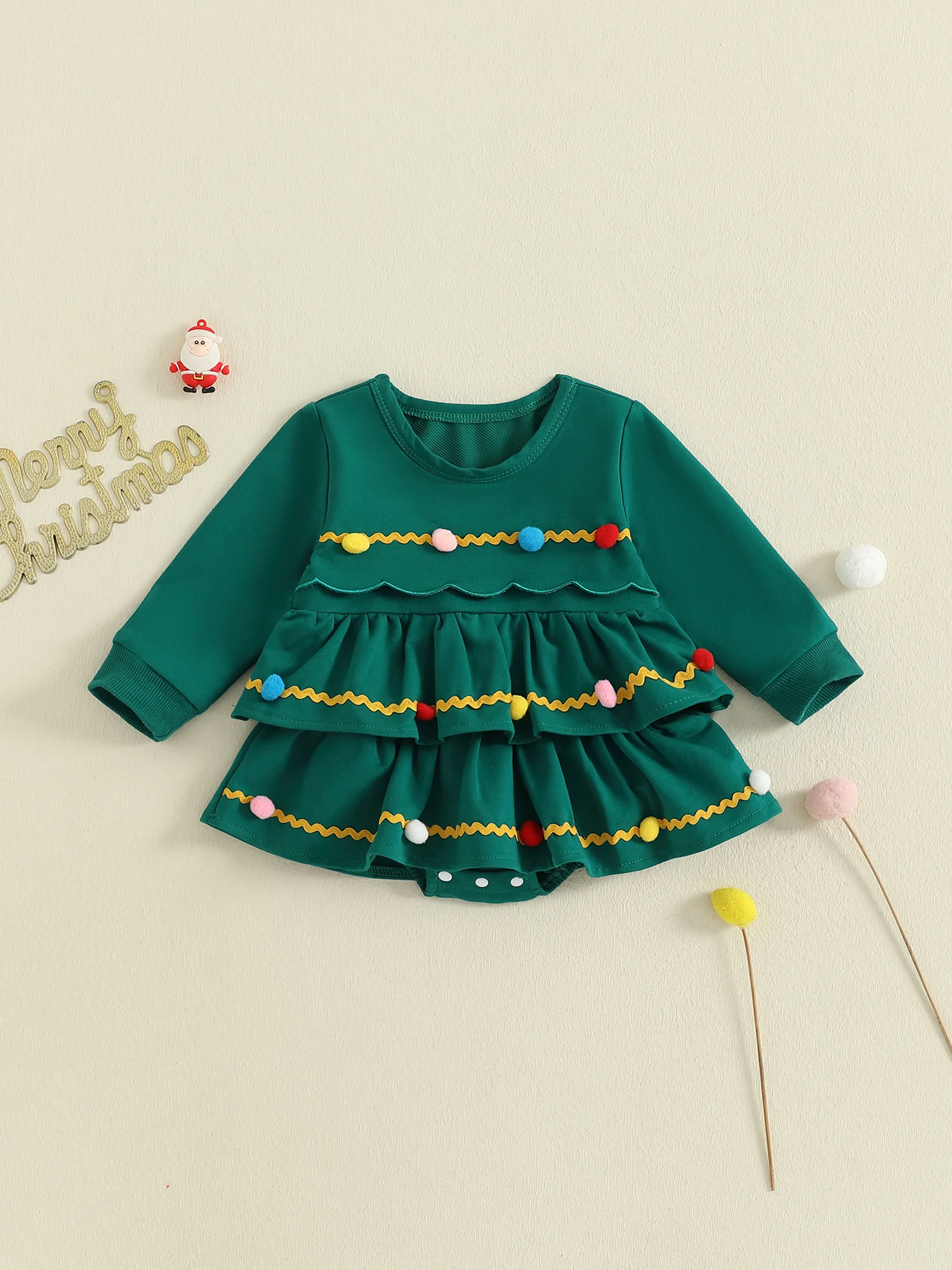 

Adorable Christmas Baby Girls Romper Dress with Long Sleeves and Pom Poms - Perfect Layered Bodysuit for Casual Daily Wear