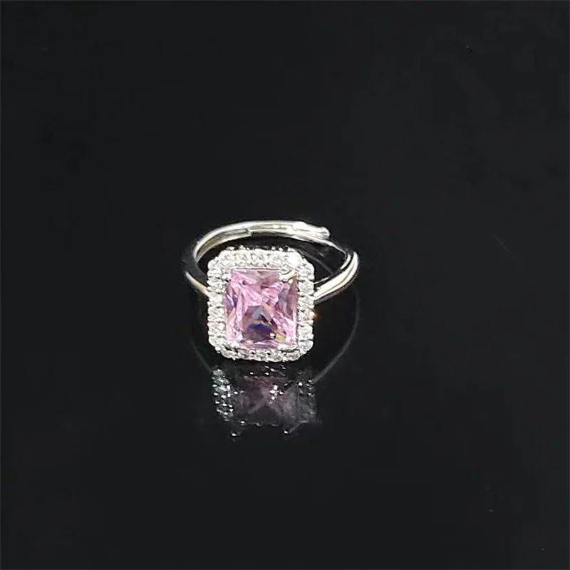 Elegant Sparkling Emerald Open Zircon Ring for Women Adjustable Luxury Silver Color Inlaid Square Green Pink Zircon Rings