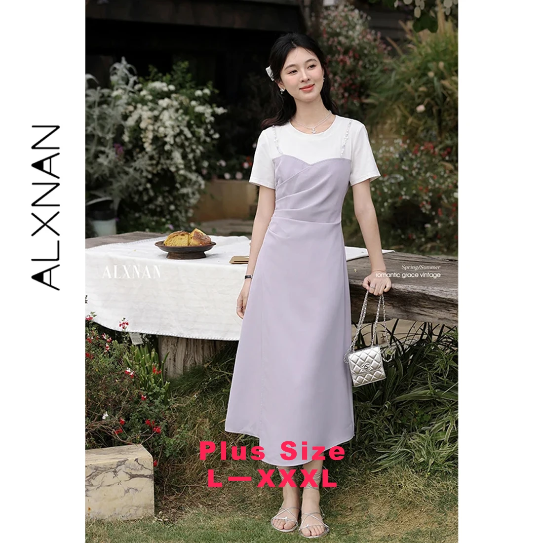 ALXNAN Plus Size Women's Dress Purple Elegant Patchwork Long Dress New Summer Holiday Office Short Sleeve Ladies Clothing D10553