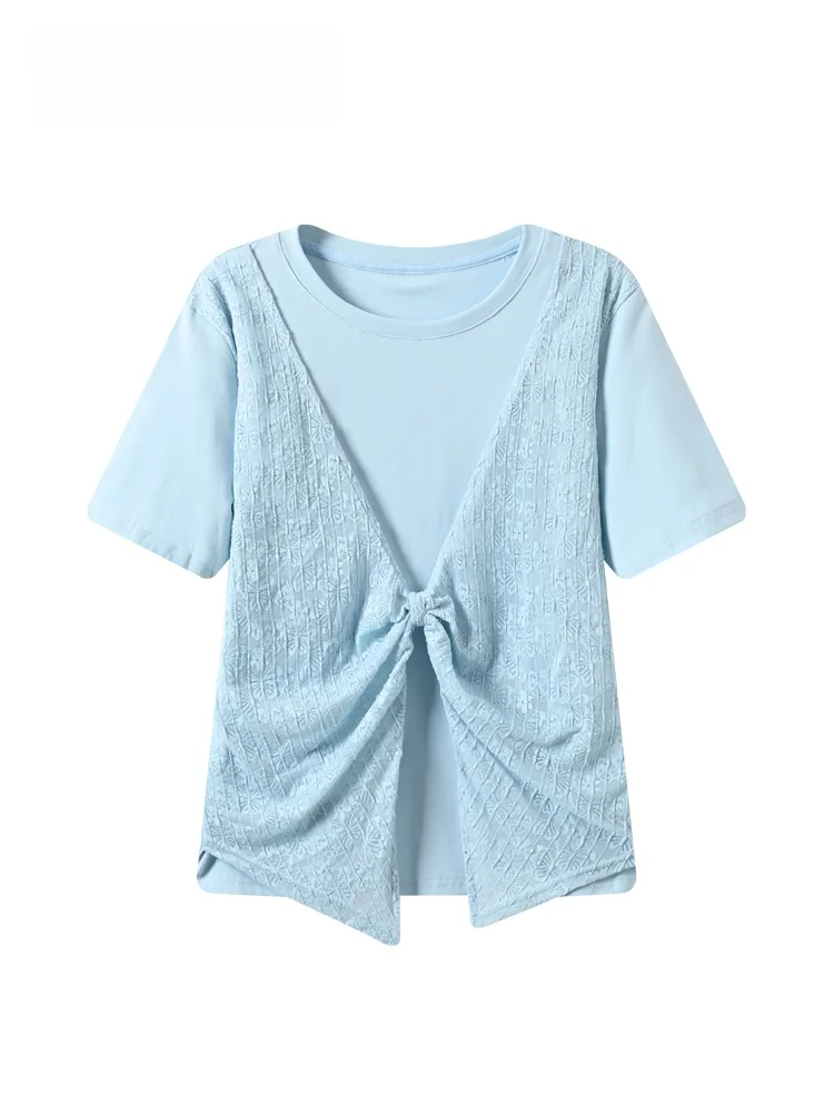 

Loose Short Sleeve T-Shirt Women's Summer New plus Size Lace Splicing Casual Style Polyester Fiber round Neck Basic Top
