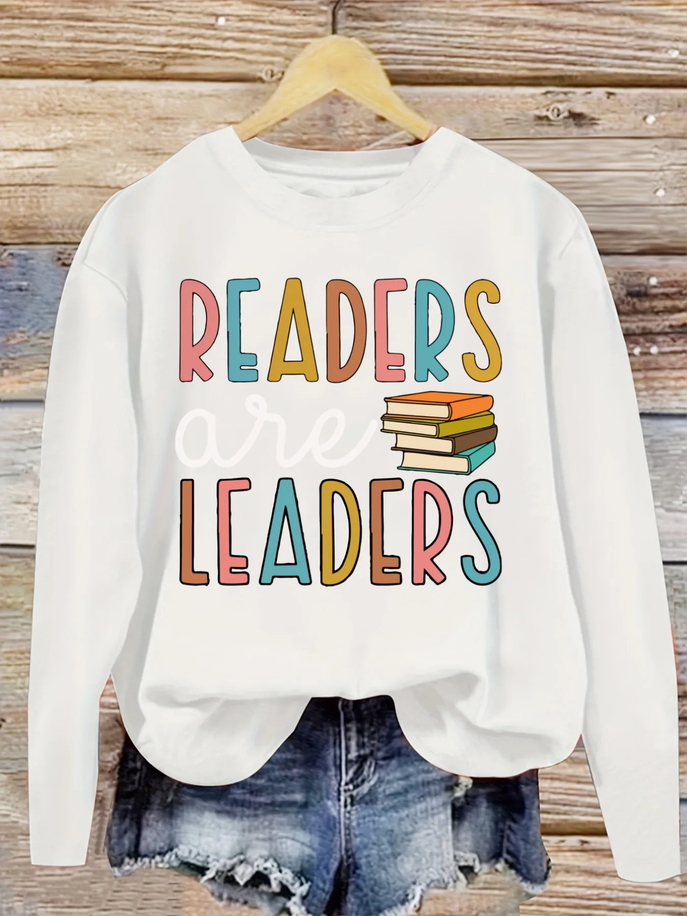 Women's Casual Long Sleeve Crew Neck T-Shirt Readers Are Leaders Book Stack Design, Round Neck Women's Clothing, Machine Washable, Slightly Elastic, Loose Fit, Spring Autumn Winter Women's T-Shirt, Halloween Costume Outfit view 5