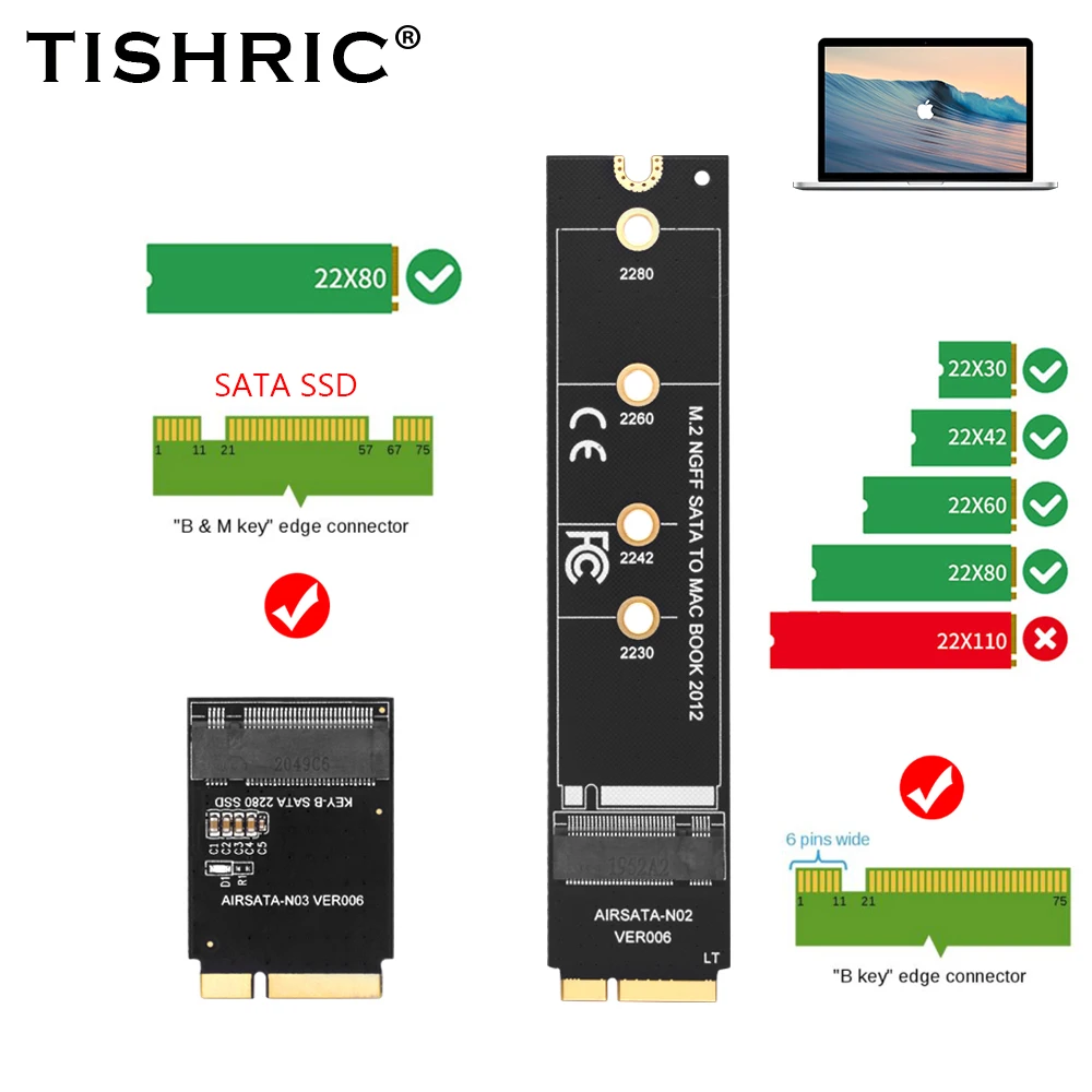 TISHRIC M.2 NGFF SATA For MACBOOK AIR Pro 2012 SSD Riser Card M.2 KEY-B Interface Convert Adapter For A1465 A1466