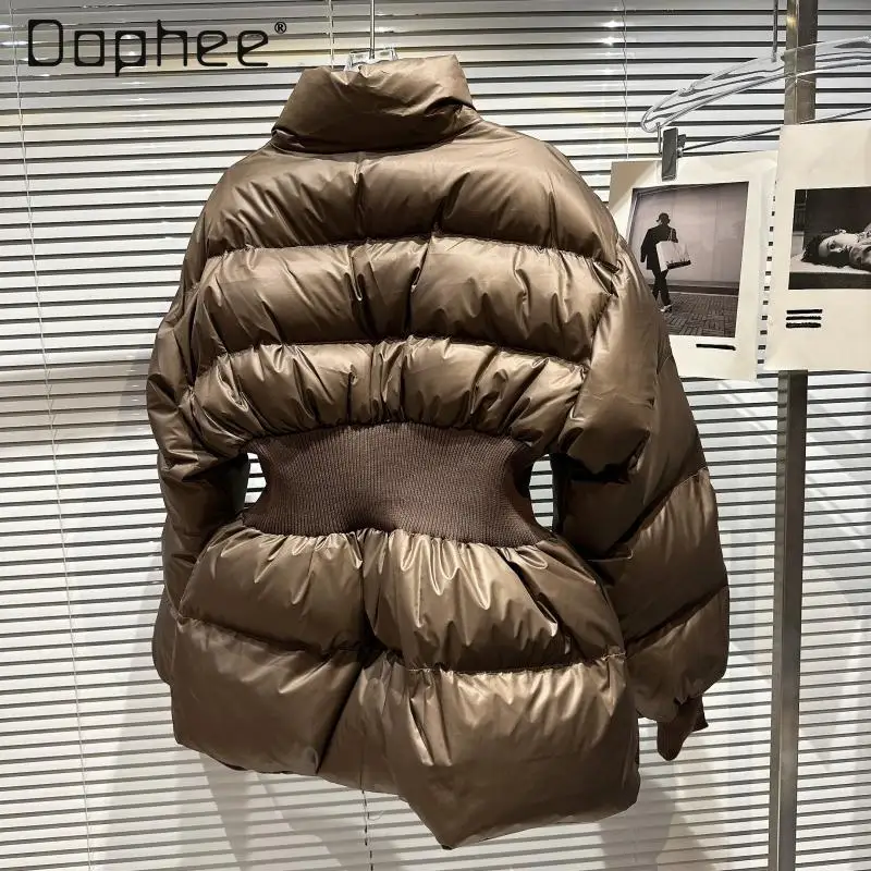 Winter New Trend Street Stand-up Collar Elastic Waist Thickened Warm Down Jacket Solid Color Fashion Versatile Slim Coat Women