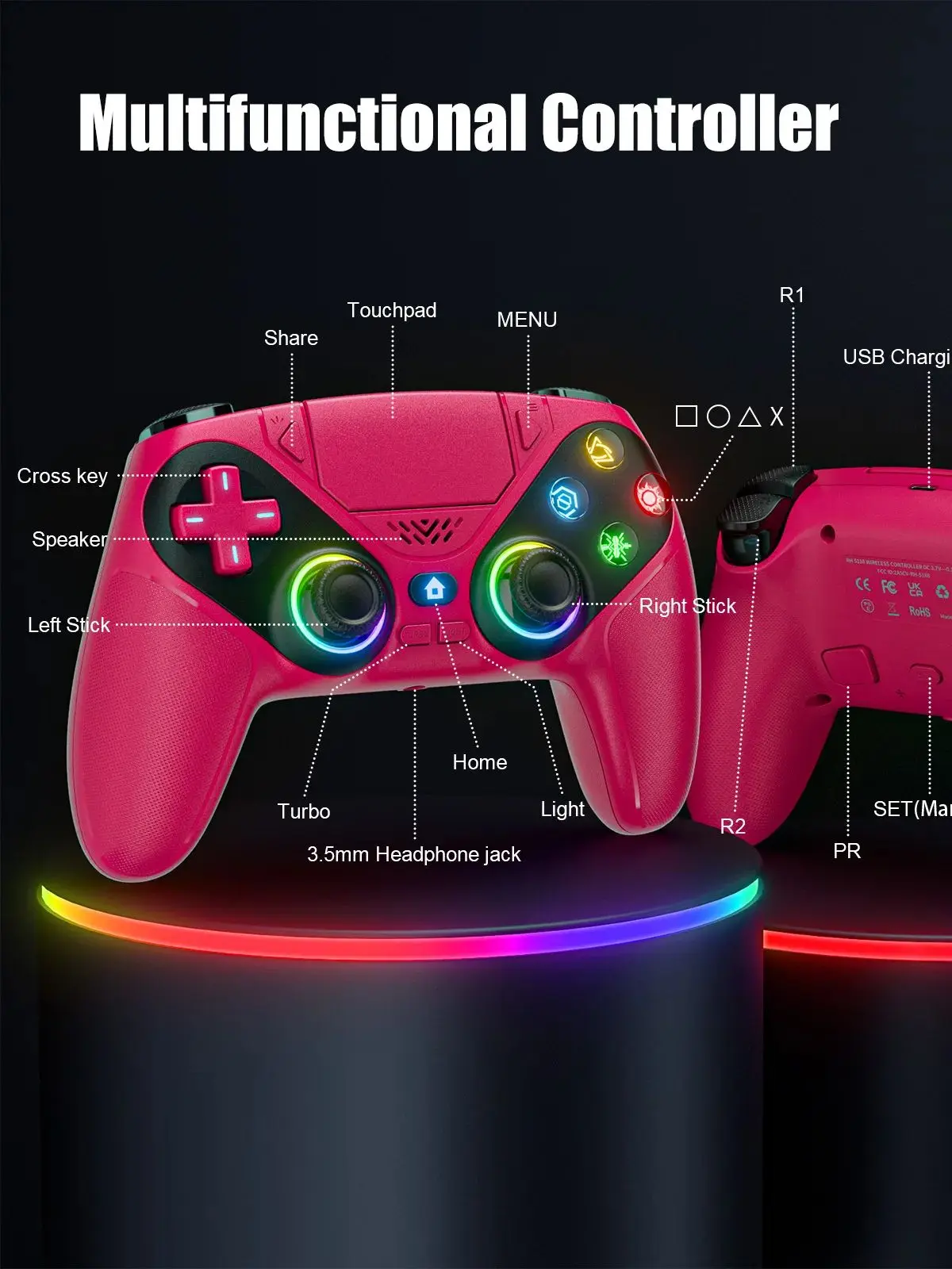 Controller voor PlayStation 5/PS5 Pro/Slim/PC, 6-assige Gryo No Drift RGB draadloze gamepads Marco/Turbo game joystick afstandsbediening - afbeelding 2