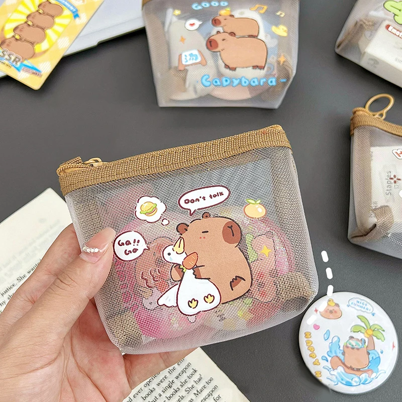 Capybara-Sac de rangement pour pièces de monnaie, porte-monnaie en maille transparente, joli portefeuille de dessin animé, sacs portables étanches à fermeture éclair transparente, cadeaux mignons