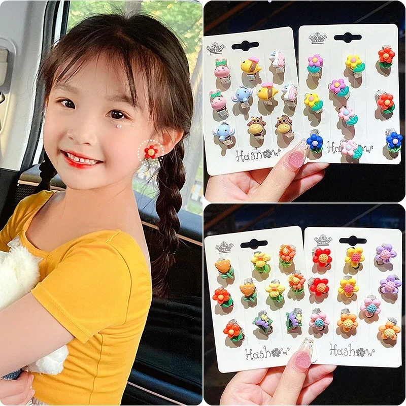 New 10pcs Cute Girls Earrings Ear Clip No Ear Hole Flower Earrings Children Princess Girls Birthday Gifts Kids Accessories